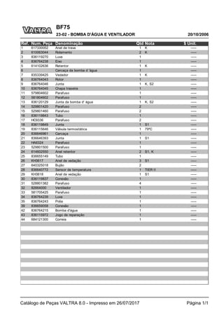 BF75
20/10/2006
23-02 - BOMBA D'ÁGUA E VENTILADOR
Catálogo de Peças VALTRA 8.0 - Impresso em 26/07/2017 Página 1/1
Ref. Num. Peça Denominação Qtd Nota $ Unit.
1 617330052 Anel de trava 1 K -----
2 610063044 Rolamento 2 K -----
3 836119270 Luva 1 -----
4 836764238 Eixo 1 -----
5 614102636 Retentor 1 K -----
6 Carcaça da bomba d 'água 1 -----
7 835339425 Vedador 1 K -----
8 836764043 Rotor 1 -----
9 836764046 Junta 1 K, S2 -----
10 836764045 Chapa traseira 1 -----
11 579804602 Parafuso 1 -----
12 581804602 Parafuso 1 -----
13 836120129 Junta da bomba d' água 1 K, S2 -----
14 529801420 Parafuso 2 -----
15 529801460 Parafuso 2 -----
16 836119843 Tubo 1 -----
17 HC9336 Parafuso 2 -----
18 836119849 Junta 1 S1 -----
19 836115646 Válvula termostática 1 79ºC -----
20 836646961 Carcaça 1 -----
21 836646393 Junta 1 S1 -----
22 HA6324 Parafuso 1 -----
23 529801500 Parafuso 1 -----
24 614602550 Anel retentor 2 S1, K -----
25 836655149 Tubo 1 -----
26 KH3617 Anel de vedação 3 S1 -----
27 640325018 Bujão 2 -----
28 836640772 Sensor de temperatura 1 TIER II -----
29 KH3618 Anel de vedação 1 S1 -----
30 836119837 Conexão 1 -----
31 528801382 Parafuso 4 -----
32 82664000 Ventilador 1 -----
33 581705425 Parafuso 1 -----
34 836764239 Luva 1 -----
35 836764243 Polia 1 -----
39 836659058 Conexão 1 -----
42 836764215 Bomba d'água 1 -----
43 836115972 Jogo de reparação 1 -----
44 684121300 Correia 1 -----
 