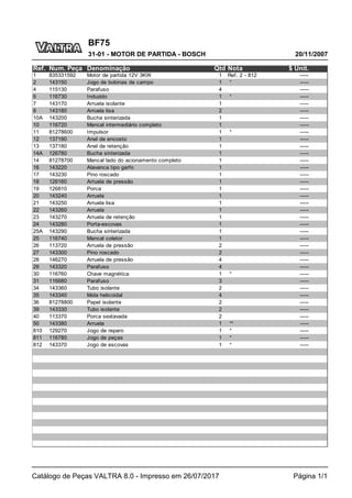 BF75
20/11/2007
31-01 - MOTOR DE PARTIDA - BOSCH
Catálogo de Peças VALTRA 8.0 - Impresso em 26/07/2017 Página 1/1
Ref. Num. Peça Denominação Qtd Nota $ Unit.
1 835331592 Motor de partida 12V 3KW 1 Ref. 2 - 812 -----
2 143150 Jogo de bobinas de campo 1 * -----
4 115130 Parafuso 4 -----
6 116730 Induzido 1 * -----
7 143170 Arruela isolante 1 -----
8 143180 Arruela lisa 2 -----
10A 143200 Bucha sinterizada 1 -----
10 116720 Mancal intermediário completo 1 -----
11 81278600 Impulsor 1 * -----
12 137190 Anel de encosto 1 -----
13 137180 Anel de retenção 1 -----
14A 126780 Bucha sinterizada 1 -----
14 81278700 Mancal lado do acionamento completo 1 -----
16 143220 Alavanca tipo garfo 1 -----
17 143230 Pino roscado 1 -----
18 126160 Arruela de pressão 1 -----
19 126810 Porca 1 -----
20 143240 Arruela 1 -----
21 143250 Arruela lisa 1 -----
22 143260 Arruela 1 -----
23 143270 Arruela de retenção 1 -----
24 143280 Porta-escovas 1 -----
25A 143290 Bucha sinterizada 1 -----
25 116740 Mancal coletor 1 -----
26 113720 Arruela de pressão 2 -----
27 143300 Pino roscado 2 -----
28 146270 Arruela de pressão 4 -----
29 143320 Parafuso 4 -----
30 116760 Chave magnética 1 * -----
31 116680 Parafuso 3 -----
34 143360 Tubo isolante 2 -----
35 143340 Mola helicoidal 4 -----
36 81278800 Papel isolante 2 -----
39 143330 Tubo isolante 2 -----
40 113370 Porca sextavada 2 -----
50 143380 Arruela 1 ** -----
810 129270 Jogo de reparo 1 * -----
811 116780 Jogo de peças 1 * -----
812 143370 Jogo de escovas 1 * -----
 
