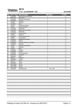 BF75
20/10/2006
31-03 - ALTERNADOR - 55A
Catálogo de Peças VALTRA 8.0 - Impresso em 26/07/2017 Página 1/1
Ref. Num. Peça Denominação Qtd Nota $ Unit.
1 81281600 Mancal lado acionamento 1 -----
2 81281700 Rolamento 1 -----
3 81281800 Placa de fechamento 1 -----
4 81283200 Parafuso 1 -----
5 147860 Parafuso 2 -----
6 81283300 Rotor 1 -----
7 146270 Arruela de pressão 1 -----
9 147890 Anel de encosto 1 -----
10 81215900 Rolamento 1 -----
11 81282000 Mancal lado do coletor 1 -----
12 81282100 Retificador 1 -----
13 81282200 Anel de ajuste 1 -----
14 147950 Parafuso 4 -----
15 81282700 Bucha distanciadora 1 -----
16 148080 Condensador 1 -----
17 81282300 Regulador de tensão 1 -----
18 81282500 Estator 1 -----
19 81282400 Jogo de escovas com molas 1 -----
21 81282600 Parafuso 4 -----
25 115470 Jogo de peças (Rotor) 1 -----
26 148020 Parafuso 2 -----
28 147970 Mola 2 -----
29 81282800 Presilha 1 -----
51 81282900 Arruela 1 -----
52 81283000 Porca sextavada 1 -----
53 81283100 Ventilador 1 -----
54 82024400 Polia 1 -----
55 HA6325 Parafuso 2 -----
56 500950800 Arruela 1 -----
57 JB1108 Porca 1 -----
58 82623000 Tensor 1 -----
60 836128220 Bucha 1 -----
61 836120989 Arruela 1 -----
62 684121300 Correia 1 -----
63 82028000 Alternador 55A 1 12V - 55A -----
 