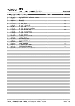 BF75
10/07/2002
32-03 - PAINEL DE INSTRUMENTOS
Catálogo de Peças VALTRA 8.0 - Impresso em 26/07/2017 Página 1/1
Ref. Num. Peça Denominação Qtd Nota $ Unit.
1 83813500 Interruptor das lanternas 1 -----
2 83823000 Interruptor do farol de trabalho traseiro 1 -----
3 80100910 Horímetro 1 -----
4 83866100 Tacômetro 1 -----
5 81907710 Termômetro 1 -----
6 81911900 Luz piloto escura 1 -----
7 81752200 Luz piloto freio de mão 1 -----
8 80613010 Luz piloto TDF 1 -----
9 81751900 Luz piloto temperatura da água 1 -----
10 81752300 Luz piloto restrição do ar 1 -----
11 81752400 Luz piloto pressão do óleo 1 -----
12 81752100 Luz piloto carga da bateria 1 -----
13 81912100 Luz piloto farol alto 1 -----
14 80336610 Indicador de combustível 1 -----
15 82330400 Chave de partida 1 -----
16 83826100 Interruptor da buzina 1 -----
17 83826000 Interruptor do farol alto 1 -----
18 83847900 Tampa 1 -----
20 82296900 Ignição de partida 1 -----
21 80855510 Luz de piloto pisca-alerta 1 -----
23 83932900 Interruptor do pisca-alerta 1 -----
24 83846400 Interruptor indicador de direção 1 -----
 