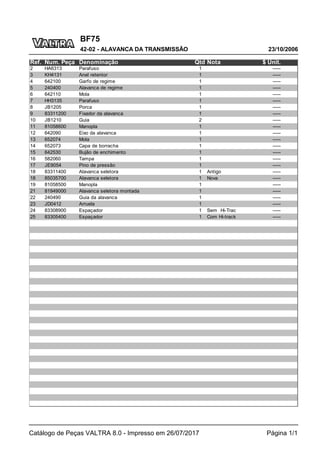 BF75
23/10/2006
42-02 - ALAVANCA DA TRANSMISSÃO
Catálogo de Peças VALTRA 8.0 - Impresso em 26/07/2017 Página 1/1
Ref. Num. Peça Denominação Qtd Nota $ Unit.
2 HA6313 Parafuso 1 -----
3 KH4131 Anel retentor 1 -----
4 642100 Garfo de regime 1 -----
5 240400 Alavanca de regime 1 -----
6 642110 Mola 1 -----
7 HH3135 Parafuso 1 -----
8 JB1205 Porca 1 -----
9 83311200 Fixador da alavanca 1 -----
10 JB1210 Guia 2 -----
11 81058600 Manopla 1 -----
12 642090 Eixo da alavanca 1 -----
13 652074 Mola 1 -----
14 652073 Capa de borracha 1 -----
15 642530 Bujão de enchimento 1 -----
16 582060 Tampa 1 -----
17 JE9054 Pino de pressão 1 -----
18 83311400 Alavanca seletora 1 Antigo -----
18 85035700 Alavanca seletora 1 Nova -----
19 81058500 Manopla 1 -----
21 81949000 Alavanca seletora montada 1 -----
22 240490 Guia da alavanca 1 -----
23 JD0412 Arruela 1 -----
24 83308900 Espaçador 1 Sem Hi-Trac -----
25 83305400 Espaçador 1 Com Hi-track -----
 