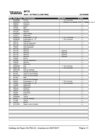 BF75
23/10/2006
44-01 - HI-TRAC E LOW-TRAC
Catálogo de Peças VALTRA 8.0 - Impresso em 26/07/2017 Página 1/1
Ref. Num. Peça Denominação Qtd Nota $ Unit.
1 83280000 Hi-Trac 1 * 12+4 marchas -----
1 83285000 Low-Trac 1 * Utilizado nos tratores 12+4 / ** Utilizados nos tra
-----
2 HH9034 Parafuso 1 -----
3 LB8022 Esfera 1 -----
4 727030 Mola 1 -----
5 83285800 Carcaça 1 -----
6 KH1225 Retentor 2 -----
7 83280400 Garfo seletor 1 -----
8 LA1613 Rolamento 1 -----
9 83286100 Engrenagem Z - 39 1 ** 9 + 3 marchas -----
9 83286200 Engrenagem Z - 27 1 * 12+4 marchas -----
10 LA3113 Rolamento 1 -----
11 KG0121 Anel de segurança 1 -----
12 KG1180 Anel de encosto 1 -----
13 725630 Anel espaçador 1 -----
14 KH1152 Retentor 1 -----
14 KH1145 Retentor 1 Optional -----
14 KH1149 Retentor 1 Optional -----
14 KH1144 Retentor 1 Optional -----
14 KH1153 Retentor 1 Optional -----
15 725850 Bucha 1 -----
16 KG3090 Anel de segurança 1 -----
17 KH4932 Retentor 1 -----
18 LA4015 Rolamento 1 -----
19 83285200 Eixo 1 ** 9+3 marchas -----
19 83281100 Eixo 1 * 14+4 marchas -----
20 83281300 Anel de vedação 1 -----
21 641161 Chaveta de comando 3 -----
22 641370 Capa do sincronizador 1 -----
23 83281700 Cubo do sincronizador 1 -----
24 641400 Mola 2 -----
25 641410 Anel de sincronização 2 -----
26 690050 Engrenagem Z - 35 1 ** 9+3 marchas -----
26 730020 Engrenagem Z - 26 1 * 12+4 marchas -----
27 LA3965 Rolamento 1 -----
28 LA9113 Rolamento 1 -----
29 HA6325 Parafuso 8 -----
30 JE6421 Pino guia 2 -----
31 HJ0287 Prisioneiro 5 -----
32 JB0939 Porca 5 -----
33 83285900 Tampa 1 -----
34 KH4761 Anel de vedação 1 -----
35 731380 Tampa 1 -----
36 LA9124 Bucha 1 -----
37 81314700 Capa e cubo montado 1 -----
 