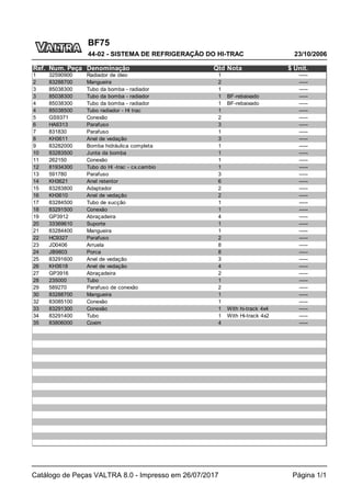 BF75
23/10/2006
44-02 - SISTEMA DE REFRIGERAÇÃO DO HI-TRAC
Catálogo de Peças VALTRA 8.0 - Impresso em 26/07/2017 Página 1/1
Ref. Num. Peça Denominação Qtd Nota $ Unit.
1 32590900 Radiador de óleo 1 -----
2 83288700 Mangueira 2 -----
3 85038300 Tubo da bomba - radiador 1 -----
3 85038300 Tubo da bomba - radiador 1 BF-rebaixado -----
4 85038300 Tubo da bomba - radiador 1 BF-rebaixado -----
4 85038500 Tubo radiador - Hi trac 1 -----
5 GS9371 Conexão 2 -----
6 HA6313 Parafuso 3 -----
7 831830 Parafuso 1 -----
8 KH3611 Anel de vedação 3 -----
9 83282000 Bomba hidráulica completa 1 -----
10 83283500 Junta da bomba 1 -----
11 262150 Conexão 1 -----
12 81934300 Tubo do Hi -trac - cx.cambio 1 -----
13 591780 Parafuso 3 -----
14 KH3621 Anel retentor 6 -----
15 83283800 Adaptador 2 -----
16 KH3610 Anel de vedação 2 -----
17 83284500 Tubo de sucção 1 -----
18 83291500 Conexão 1 -----
19 GP3912 Abraçadeira 4 -----
20 33369610 Suporte 1 -----
21 83284400 Mangueira 1 -----
22 HC9327 Parafuso 2 -----
23 JD0406 Arruela 8 -----
24 JB9803 Porca 8 -----
25 83291600 Anel de vedação 3 -----
26 KH3618 Anel de vedação 4 -----
27 GP3916 Abraçadeira 2 -----
28 235000 Tubo 1 -----
29 589270 Parafuso de conexão 2 -----
30 83288700 Mangueira 1 -----
32 83085100 Conexão 1 -----
33 83291300 Conexão 1 With hi-track 4x4 -----
34 83291400 Tubo 1 With Hi-track 4x2 -----
35 83806000 Coxim 4 -----
 