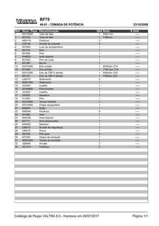 BF75
23/10/2006
46-01 - TOMADA DE POTÊNCIA
Catálogo de Peças VALTRA 8.0 - Impresso em 26/07/2017 Página 1/1
Ref. Num. Peça Denominação Qtd Nota $ Unit.
1 83315500 Tubo de óleo 1 2040 mm -----
1 601720 Tubo de óleo 1 1760mm -----
2 HA9118 Parafuso 2 -----
3 JD3106 Arruela de pressão 2 -----
4 651650 Luva de acoplamento 1 -----
5 581570 Eixo 1 -----
6 581580 Pino 1 -----
7 KH4939 Anel retentor 1 -----
8 651920 Pino de trava 1 -----
9 651380 Bucha 1 -----
10 83315200 Eixo pinhão 1 2040rpm Z14 -----
10 651660 Eixo pinhão 1 1760 rpm Z16 -----
11 83315300 Eixo da TDP 6 dentes 1 2040rpm Z53 -----
11 651701 Eixo da TDP 6 dentes 1 1760rpm Z51 -----
12 LA2015 Rolamento 2 -----
13 80841500 Rolamento 1 -----
14 JE3047 Cupilha 1 -----
15 83349800 Posicionador 1 -----
16 JE3047 Cupilha 1 -----
17 240520 Alavanca 1 -----
18 511833 Pino 1 -----
19 83315900 Tampa traseira 1 -----
20 83315600 Chapa espaçadora 1 -----
21 822940 Bujão 1 -----
22 HA6344 Parafuso 8 -----
23 651690 Anel 1 -----
24 KH4190 Anel retentor 1 -----
25 651711 Anel distanciador 1 -----
26 KH0920 Retentor 1 -----
27 LB5015 Arruela de segurança 1 -----
28 LB3015 Porca 1 -----
29 581020 Pino guia 2 -----
30 627250 Chapa de proteção 1 -----
31 80655300 Tampa de proteção 1 -----
32 JD0406 Arruela 2 -----
33 HC1314 Parafuso 2 -----
 