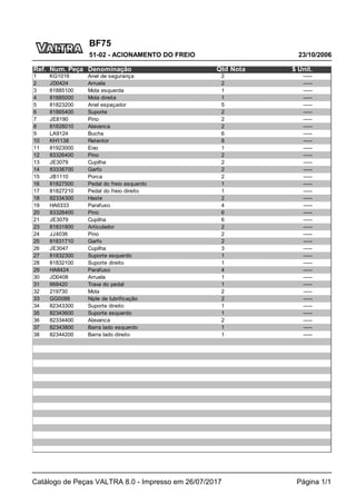 BF75
23/10/2006
51-02 - ACIONAMENTO DO FREIO
Catálogo de Peças VALTRA 8.0 - Impresso em 26/07/2017 Página 1/1
Ref. Num. Peça Denominação Qtd Nota $ Unit.
1 KG1016 Anel de segurança 2 -----
2 JD0424 Arruela 2 -----
3 81885100 Mola esquerda 1 -----
4 81885000 Mola direita 1 -----
5 81823200 Anel espaçador 5 -----
6 81865400 Suporte 2 -----
7 JE8190 Pino 2 -----
8 81828010 Alavanca 2 -----
9 LA9124 Bucha 6 -----
10 KH1138 Retentor 8 -----
11 81923000 Eixo 1 -----
12 83326400 Pino 2 -----
13 JE3079 Cupilha 2 -----
14 83338700 Garfo 2 -----
15 JB1110 Porca 2 -----
16 81827500 Pedal do freio esquerdo 1 -----
17 81827210 Pedal do freio direito 1 -----
18 82334300 Haste 2 -----
19 HA6333 Parafuso 4 -----
20 83326400 Pino 6 -----
21 JE3079 Cupilha 6 -----
23 81831800 Articulador 2 -----
24 JJ4036 Pino 2 -----
25 81831710 Garfo 2 -----
26 JE3047 Cupilha 3 -----
27 81832300 Suporte esquerdo 1 -----
28 81832100 Suporte direito 1 -----
29 HA8424 Parafuso 4 -----
30 JD0408 Arruela 1 -----
31 668420 Trava do pedal 1 -----
32 219730 Mola 2 -----
33 GG0088 Niple de lubrificação 2 -----
34 82343300 Suporte direito 1 -----
35 82343600 Suporte esquerdo 1 -----
36 82334400 Alavanca 2 -----
37 82343800 Barra lado esquerdo 1 -----
38 82344200 Barra lado direito 1 -----
 