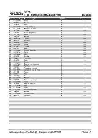 BF75
23/10/2006
51-03 - SISTEMA DE COMANDO DO FREIO
Catálogo de Peças VALTRA 8.0 - Impresso em 26/07/2017 Página 1/1
Ref. Num. Peça Denominação Qtd Nota $ Unit.
1 81736400 Botão 1 -----
2 224580 Arruela 2 -----
3 224550 Mola 1 -----
4 83338800 Vareta da trava 1 -----
5 83337700 Alavanca do freio 1 -----
6 JE3103 Cupilha 1 -----
7 436390 Bucha de plástico 2 -----
8 JB1108 Porca 2 -----
9 JD0408 Arruela 4 -----
10 30093700 Catraca 1 -----
11 HA6323 Parafuso 2 -----
12 JB8903 Porca 1 -----
13 80020300 Trava 1 -----
14 JE3047 Cupilha 1 -----
15 826100 Mola 1 -----
16 83326800 Suporte da mola 1 -----
17 83338700 Garfo 2 -----
18 83326400 Pino 2 -----
19 JE3079 Cupilha 2 -----
20 83326100 Acionador 1 -----
21 JB1210 Guia 2 -----
22 83338600 Tirante 1 -----
23 83337600 Eixo do freio montado 1 -----
24 HA8337 Parafuso 4 -----
25 JD3110 Arruela de pressão 4 -----
26 83342100 Mancal do eixo do freio 2 -----
27 JB1112 Porca 2 -----
28 588811 Pino 2 -----
29 JE8190 Pino 2 -----
30 83337400 Alavanca 2 -----
31 KG2025 Anel de segurança 2 -----
32 83326900 Haste 2 -----
33 JE9059 Pino de pressão 2 -----
34 81422100 Mola 2 -----
35 81395300 Porca 2 -----
36 81416500 Encosto esquerdo 1 -----
37 JD0416 Arruela 2 -----
38 81416600 Encosto direito 1 -----
39 HA6323 Parafuso 4 -----
 