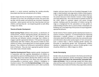 gender is a social construct specifying the socially-culturally-
prescribed roles that men and women are to follow.
Gender shapes the lives of all people in all societies. It influences
all aspects of our lives, the schooling we receive, the social roles
we play, and the power and authority we command. Population
processes – where women and men live, how they bear and rear
children, and how they die – are shaped by gender as well, (Riley
in Vega, et al. 2015).
Theories of Gender Development
Social Learning Theory believes that parents, as distributors of
reinforcement, reinforce appropriate gender role behaviors. By
their choice of toys, by urging “boy” or “girl” behavior, and by
reinforcing such behavior, parents encourage their children to
engage in gender-appropriate behavior. If the parents have good
relationships with their children, they become models for their
children to imitate, encouraging them to acquire gender-related
behavior. Thus, children are reinforced or punished for different
kinds of behavior. They also learn appropriate gender behavior
from other male or female models.
Cognitive-Developmental Theory explains gender development
in conjunction with the cognitive development of children as
speculated by Lawrence Kohlberg based on the original theory of
Jean Piaget about how children develop their ability to think and
reason. Piaget theorized that from about two-seven years old
(corresponding to preschool years), children’s intelligence is
intuitive in nature. This is the Pre-OperationalStage. At this stage,
children can make mental representations and is able to pretend,
imagine, and ever closer to the use of symbols (language). A sub-
stage is called Symbolic Sub-stage where children show progress
in their cognitive abilities by being able to draw objects that are
not present because of the dramatic increase in their language
and make-believe play. This is also termed as symbolic function of
the child’s ability to represent objects and events through
symbols. Kohlberg used this description of children during this
stage as a background for the speculation on how gender or
understanding of his/her role in a social context is developed. For
Kohlberg, this is the beginning of the process of acquiring gender-
appropriate behavior.
Gender Schema Theory explains gender development based on a
schema. A schema, in general, is a mental blueprint for organizing
information. A gender schema is a blueprint for organizing
information about the different social roles men and women play,
and information about what society expects of men and women.
Such a schema helps a child to develop gender identity and
formulate an appropriate gender role. Consequently, children
develop an integrated schema or picture of what gender is and
should be, (Elliott et al., 1996 in Vega et al. 2015).
Gender Stereotyping
Gender roles are primarily socialized in the family and reinforced
by other social institutions. Gender stereotyping is defined as the
beliefs humans hold about the characteristics associated with
males and females. From an early age, people form ideas about
what and how males and females are or should be. Based on their
formed ideas about males and females, they assign labels, develop
 