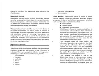affected by the culture they develop, the values and norms that
affect behavior.
Organization Structure
Organization structure consists of all the tangible and regularly
occurring features which help to shape its members’ behavior.
Structures incorporate a network of roles and relationships and
are there to help in the process of ensuring that collective effort is
explicitly organized to achieve specified ends.
The organization structure identifies and ensures the division of
the overall management task into a variety of activities. It
allocates these activities to the different parts of the organization
and establishes means of controlling, coordinating, and
integrating them. The structure consists of units, divisions, and
departments. It indicates who is responsible for what at each level
of the organization. Organization structure is usually described in
the form of Organization Chart.
Organizational Processes
The structure of the organization as described in an organizational
chart does not give any real indication of how it functions. To
understand this, it is necessary to consider the various processes
that take place within the structural framework, namely:
1. Group behavior
2. Teamwork
3. Leadership
4. Power
5. Politics
6. Conflict
7. Interaction and networking
8. Communication
Group Behavior. Organizations consist of groups of people
working together. Interactions take place within and between
groups and the degree to which these processes are formalized
variy according to the organizational context.
 Formal groups
 Informal groups
 Channels of communication
o Wheel Network. This is the most centralized form of
communication network wherein all the information
flows from one central person, typically the leader. The
other members have little or no communication link
with each other. The leader deliberately controls the
line of communications and make sure that the
information reaches all in the group.
o Chain Network. Under the chain pattern, the
information flows either up or down the line. Each
person gets the information from his immediate
superior and then passes it to their immediate
subordinates. Likewise, the chain gets created, and all
members get connected to a single person, typically
the leader. This network is suitable when the
information to be passed is legally correct.
o Circle Network. The network is one of the
decentralized forms of communication network
wherein the information is shared equally among all
members. Each person gives and receives information
from two or more persons in the network. Under this
 