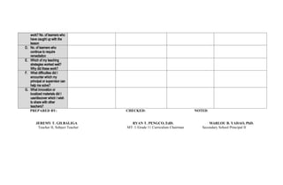 work? No. of learners who
have caught up with the
lesson
D. No. of learners who
continue to require
remediation
E. Which of my teaching
strategies worked well?
Why did these work?
F. What difficulties did I
encounter which my
principal or supervisor can
help me solve?
G. What innovation or
localized materials did I
use/discover which I wish
to share with other
teachers?
PREPARED BY: CHECKED: NOTED:
JEREMY T. GILBALIGA RYAN T. PENGCO, EdD. MARLOU B. YADAO, PhD.
Teacher II, Subject Teacher MT- I /Grade 11 Curriculum Chairman Secondary School Principal II
 