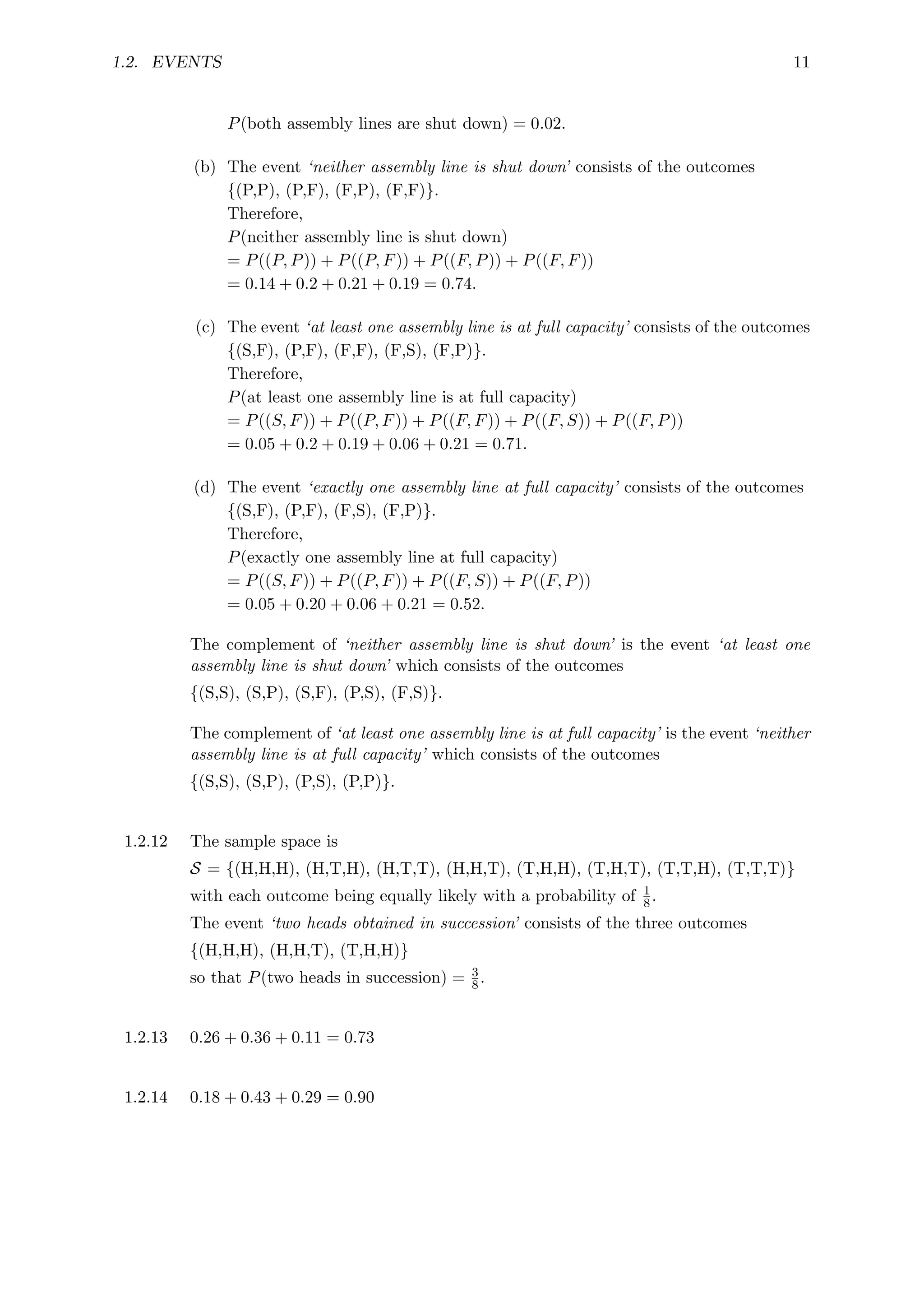 1.2. EVENTS 11
P(both assembly lines are shut down) = 0.02.
(b) The event ‘neither assembly line is shut down’ consists of the outcomes
{(P,P), (P,F), (F,P), (F,F)}.
Therefore,
P(neither assembly line is shut down)
= P((P, P)) + P((P, F)) + P((F, P)) + P((F, F))
= 0.14 + 0.2 + 0.21 + 0.19 = 0.74.
(c) The event ‘at least one assembly line is at full capacity’ consists of the outcomes
{(S,F), (P,F), (F,F), (F,S), (F,P)}.
Therefore,
P(at least one assembly line is at full capacity)
= P((S, F)) + P((P, F)) + P((F, F)) + P((F, S)) + P((F, P))
= 0.05 + 0.2 + 0.19 + 0.06 + 0.21 = 0.71.
(d) The event ‘exactly one assembly line at full capacity’ consists of the outcomes
{(S,F), (P,F), (F,S), (F,P)}.
Therefore,
P(exactly one assembly line at full capacity)
= P((S, F)) + P((P, F)) + P((F, S)) + P((F, P))
= 0.05 + 0.20 + 0.06 + 0.21 = 0.52.
The complement of ‘neither assembly line is shut down’ is the event ‘at least one
assembly line is shut down’ which consists of the outcomes
{(S,S), (S,P), (S,F), (P,S), (F,S)}.
The complement of ‘at least one assembly line is at full capacity’ is the event ‘neither
assembly line is at full capacity’ which consists of the outcomes
{(S,S), (S,P), (P,S), (P,P)}.
1.2.12 The sample space is
S = {(H,H,H), (H,T,H), (H,T,T), (H,H,T), (T,H,H), (T,H,T), (T,T,H), (T,T,T)}
with each outcome being equally likely with a probability of 1
8.
The event ‘two heads obtained in succession’ consists of the three outcomes
{(H,H,H), (H,H,T), (T,H,H)}
so that P(two heads in succession) = 3
8.
1.2.13 0.26 + 0.36 + 0.11 = 0.73
1.2.14 0.18 + 0.43 + 0.29 = 0.90
 