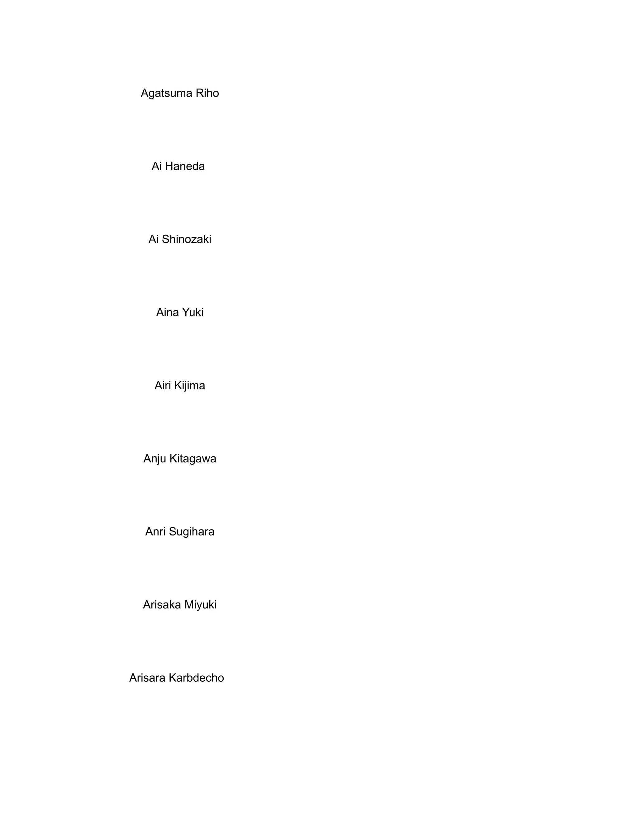 Agatsuma Riho
Ai Haneda
Ai Shinozaki
Aina Yuki
Airi Kijima
Anju Kitagawa
Anri Sugihara
Arisaka Miyuki
Arisara Karbdecho
 