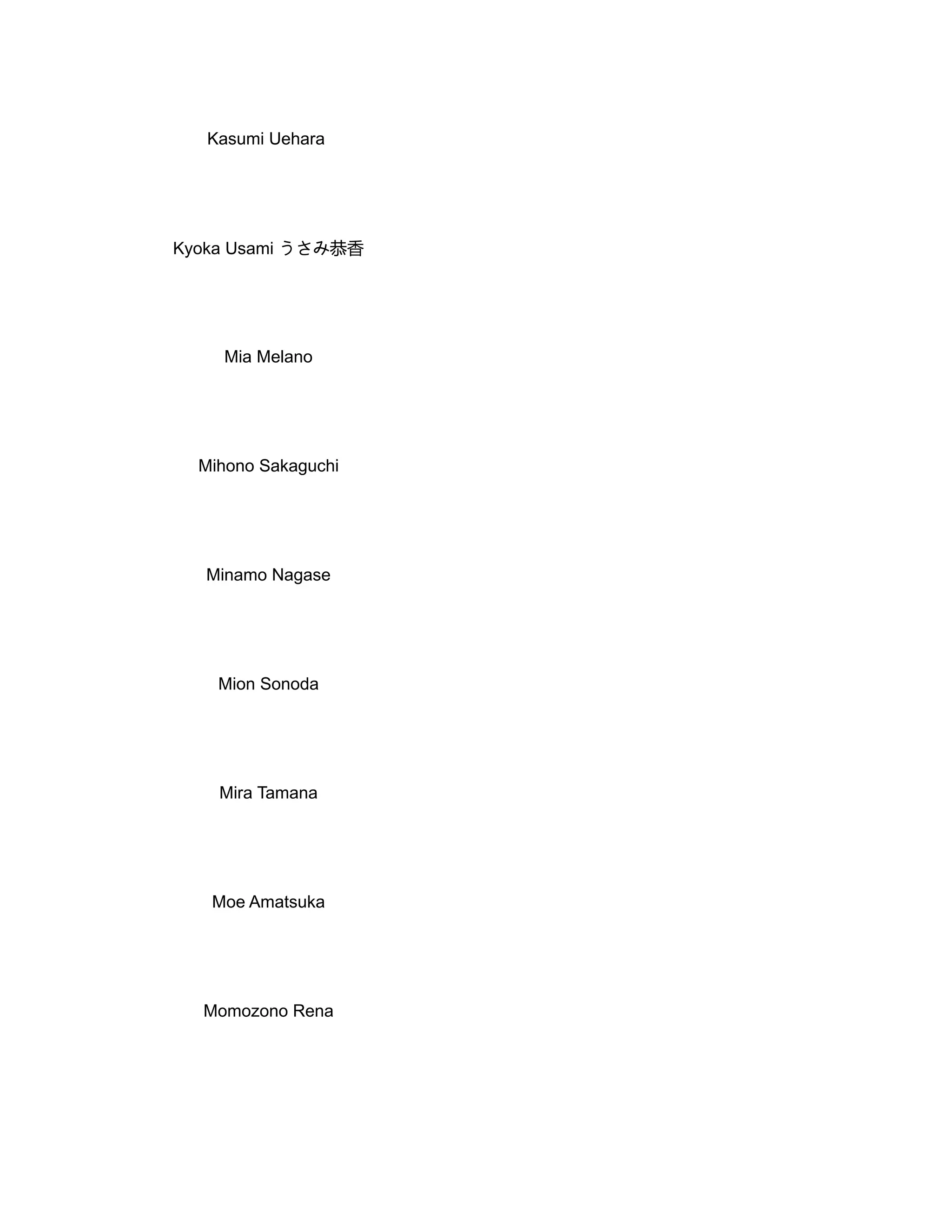 Kasumi Uehara
Mia Melano
Mihono Sakaguchi
Minamo Nagase
Mion Sonoda
Mira Tamana
Moe Amatsuka
Momozono Rena
Kyoka Usami うさみ恭香
 