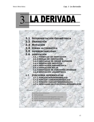 Moisés Villena Muñoz Cap. 3 La derivada
57
3
3.1 INTERPRETACIÓN GEOMÉTRICA
3.2 DEFINICIÓN
3.3 NOTACIÓN
3.4 FORMA ALTERNATIVA
3.5 DIFERENCIABILIDAD
3.6 DERIVACIÓN
3.6.1 FÓRMULAS DE DERIVACIÓN
3.6.2 REGLAS DE DERIVACIÓN
3.6.3 DERIVADAS DE ORDEN SUPERIOR
3.6.4 DERIVACIÓN IMPLÍCITA
3.6.5 DERIVACIÓN PARAMÉTRICA
3.6.6 DERIVACIÓN POLAR
3.6.7 DERIVADAS DE FUNCIONES INVERSAS
3.6.8 DERIVACIÓN LOGARÍTMICA
3.7 FUNCIONES HIPERBÓLICAS
3.7.1 FUNCIÓN SENOHIPERBÓLICO
3.7.2 FUNCIÓN COSENOHIPERBÓLICO
3.7.3 FUNCIÓN TANGENTEHIPERBÓLICA
3.7.4 DERIVADAS DE FUNCIONES HIPERBÓLICAS
OBJETIVOS:
SE PRETENDE QUE EL ESTUDIANTE:
• Defina derivada.
• Calcule ecuaciones de rectas tangentes a una curva
• Realice demostraciones formales de derivada.
• Calcule derivadas.
 