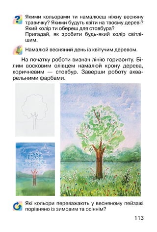 113
Якими кольорами ти намалюєш ніжну весняну
травичку? Якими будуть квіти на твоєму дереві?
Який колір ти обереш для стовбура?
Пригадай, як зробити будь-який колір світлі-
шим.
Намалюй весняний день із квітучим деревом.
На початку роботи визнач лінію горизонту. Бі-
лим восковим олівцем намалюй крону дерева,
коричневим — стовбур. Заверши роботу аква-
рельними фарбами.
Які кольори переважають у весняному пейзажі
порівняно із зимовим та осіннім?
 