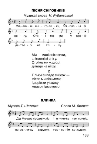 133
ПІСНЯ СНІГОВИКІВ
Музика і слова Н. Рубальської
1
Ми — малі сніговики,
зліплені зі снігу.
Стоїмо ми у дворі
дітворі на втіху.
2
Тільки випаде сніжок —
мітли ми візьмемо
і доріжки у садку
жваво підметемо.
ЯЛИНКА
Музика Т. Шатенка Слова М. Лисича
 