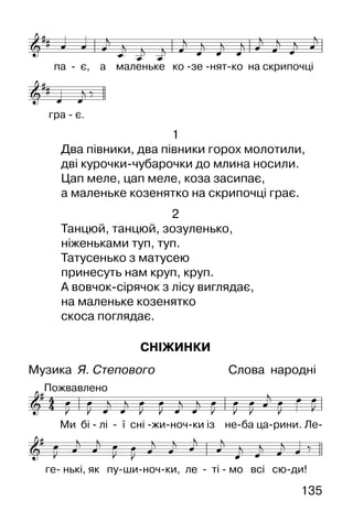 135
1
Два півники, два півники горох молотили,
дві курочки-чубарочки до млина носили.
Цап меле, цап меле, коза засипає,
а маленьке козенятко на скрипочці грає.
2
Танцюй, танцюй, зозуленько,
ніженьками туп, туп.
Татусенько з матусею
принесуть нам круп, круп.
А вовчок-сірячок з лісу виглядає,
на маленьке козенятко
скоса поглядає.
СНІЖИНКИ
Музика Я. Степового Слова народні
 