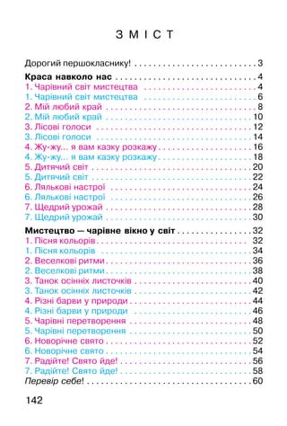 142
З М І С Т
Дорогий першокласнику! . . . . . . . . . . . . . . . . . . . . . . . . . . 3
Краса навколо нас . . . . . . . . . . . . . . . . . . . . . . . . . . . . . . 4
1. Чарівний світ мистецтва . . . . . . . . . . . . . . . . . . . . . . . . 4
1. Чарівний світ мистецтва . . . . . . . . . . . . . . . . . . . . . . . . 6
2. Мій любий край . . . . . . . . . . . . . . . . . . . . . . . . . . . . . . . . 8
2. Мій любий край . . . . . . . . . . . . . . . . . . . . . . . . . . . . . . . 10
3. Лісові голоси . . . . . . . . . . . . . . . . . . . . . . . . . . . . . . . . . 12
3. Лісові голоси . . . . . . . . . . . . . . . . . . . . . . . . . . . . . . . . . 14
4. Жу�жу… я вам казку розкажу . . . . . . . . . . . . . . . . . . . . 16
4. Жу�жу… я вам казку розкажу . . . . . . . . . . . . . . . . . . . . 18
5. Дитячий світ . . . . . . . . . . . . . . . . . . . . . . . . . . . . . . . . . . 20
5. Дитячий світ . . . . . . . . . . . . . . . . . . . . . . . . . . . . . . . . . . 22
6. Лялькові настрої . . . . . . . . . . . . . . . . . . . . . . . . . . . . . . 24
6. Лялькові настрої . . . . . . . . . . . . . . . . . . . . . . . . . . . . . . 26
7. Щедрий урожай . . . . . . . . . . . . . . . . . . . . . . . . . . . . . . . 28
7. Щедрий урожай . . . . . . . . . . . . . . . . . . . . . . . . . . . . . . . 30
Мистецтво — чарівне вікно у світ . . . . . . . . . . . . . . . . 32
1. Пісня кольорів. . . . . . . . . . . . . . . . . . . . . . . . . . . . . . . . 32
1. Пісня кольорів . . . . . . . . . . . . . . . . . . . . . . . . . . . . . . . . 34
2. Веселкові ритми. . . . . . . . . . . . . . . . . . . . . . . . . . . . . . . 36
2. Веселкові ритми. . . . . . . . . . . . . . . . . . . . . . . . . . . . . . . 38
3. Танок осінніх листочків . . . . . . . . . . . . . . . . . . . . . . . . . 40
3. Танок осінніх листочків . . . . . . . . . . . . . . . . . . . . . . . . . 42
4. Різні барви у природи . . . . . . . . . . . . . . . . . . . . . . . . . . 44
4. Різні барви у природи . . . . . . . . . . . . . . . . . . . . . . . . . 46
5. Чарівні перетворення . . . . . . . . . . . . . . . . . . . . . . . . . . 48
5. Чарівні перетворення . . . . . . . . . . . . . . . . . . . . . . . . . . 50
6. Новорічне свято . . . . . . . . . . . . . . . . . . . . . . . . . . . . . . . 52
6. Новорічне свято . . . . . . . . . . . . . . . . . . . . . . . . . . . . . . . 54
7. Радійте! Свято йде! . . . . . . . . . . . . . . . . . . . . . . . . . . . . 56
7. Радійте! Свято йде! . . . . . . . . . . . . . . . . . . . . . . . . . . . . 58
Перевір себе! . . . . . . . . . . . . . . . . . . . . . . . . . . . . . . . . . . . 60
 