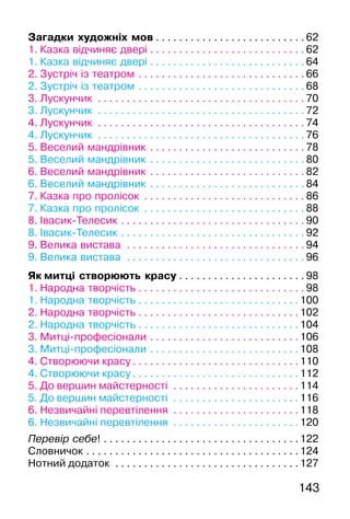 143
Загадки художніх мов . . . . . . . . . . . . . . . . . . . . . . . . . . 62
1. Казка відчиняє двері . . . . . . . . . . . . . . . . . . . . . . . . . . . 62
1. Казка відчиняє двері . . . . . . . . . . . . . . . . . . . . . . . . . . . 64
2. Зустріч із театром . . . . . . . . . . . . . . . . . . . . . . . . . . . . . 66
2. Зустріч із театром . . . . . . . . . . . . . . . . . . . . . . . . . . . . . 68
3. Лускунчик . . . . . . . . . . . . . . . . . . . . . . . . . . . . . . . . . . . . 70
3. Лускунчик . . . . . . . . . . . . . . . . . . . . . . . . . . . . . . . . . . . . 72
4. Лускунчик . . . . . . . . . . . . . . . . . . . . . . . . . . . . . . . . . . . . 74
4. Лускунчик . . . . . . . . . . . . . . . . . . . . . . . . . . . . . . . . . . . . 76
5. Веселий мандрівник . . . . . . . . . . . . . . . . . . . . . . . . . . . 78
5. Веселий мандрівник . . . . . . . . . . . . . . . . . . . . . . . . . . . 80
6. Веселий мандрівник . . . . . . . . . . . . . . . . . . . . . . . . . . . 82
6. Веселий мандрівник . . . . . . . . . . . . . . . . . . . . . . . . . . . 84
7. Казка про пролісок . . . . . . . . . . . . . . . . . . . . . . . . . . . . 86
7. Казка про пролісок . . . . . . . . . . . . . . . . . . . . . . . . . . . . 88
8. Івасик-Телесик . . . . . . . . . . . . . . . . . . . . . . . . . . . . . . . . 90
8. Івасик-Телесик . . . . . . . . . . . . . . . . . . . . . . . . . . . . . . . . 92
9. Велика вистава . . . . . . . . . . . . . . . . . . . . . . . . . . . . . . . 94
9. Велика вистава . . . . . . . . . . . . . . . . . . . . . . . . . . . . . . . 96
Як митці створюють красу . . . . . . . . . . . . . . . . . . . . . . 98
1. Народна творчість . . . . . . . . . . . . . . . . . . . . . . . . . . . . . 98
1. Народна творчість . . . . . . . . . . . . . . . . . . . . . . . . . . . .100
2. Народна творчість . . . . . . . . . . . . . . . . . . . . . . . . . . . .102
2. Народна творчість . . . . . . . . . . . . . . . . . . . . . . . . . . . .104
3. Митці-професіонали . . . . . . . . . . . . . . . . . . . . . . . . . .106
3. Митці-професіонали . . . . . . . . . . . . . . . . . . . . . . . . . .108
4. Створюючи красу . . . . . . . . . . . . . . . . . . . . . . . . . . . . .110
4. Створюючи красу . . . . . . . . . . . . . . . . . . . . . . . . . . . . .112
5. До вершин майстерності . . . . . . . . . . . . . . . . . . . . . .114
5. До вершин майстерності . . . . . . . . . . . . . . . . . . . . . .116
6. Незвичайні перевтілення . . . . . . . . . . . . . . . . . . . . . .118
6. Незвичайні перевтілення . . . . . . . . . . . . . . . . . . . . . .120
Перевір себе! . . . . . . . . . . . . . . . . . . . . . . . . . . . . . . . . . .122
Словничок . . . . . . . . . . . . . . . . . . . . . . . . . . . . . . . . . . . . .124
Нотний додаток . . . . . . . . . . . . . . . . . . . . . . . . . . . . . . . .127
 