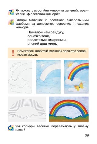 39
Як можна самостійно утворити зелений, оран-
жевий і фіолетовий кольори?
Створи малюнок із веселкою акварельними
фарбами за допомогою основних і похідних
кольорів.
Намалюй нам райдугу,
сонечко ясне,
розлетяться хмароньки,
рясний дощ мине.
Намагайся, щоб твій малюнок повністю запов-
нював аркуш.
Які кольори веселки переважають у твоєму
одязі?
 