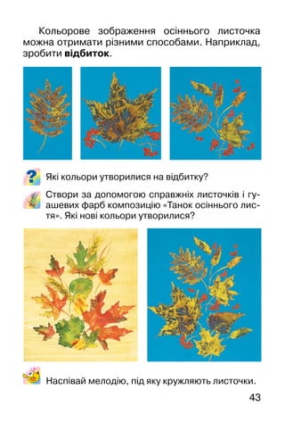 43
Кольорове зображення осіннього листочка
можна отримати різними способами. Наприклад,
зробити відбиток.
Які кольори утворилися на відбитку?
Створи за допомогою справжніх листочків і гу-
ашевих фарб композицію «Танок осіннього лис-
тя». Які нові кольори утворилися?
Наспівай мелодію, під яку кружляють листочки.
 