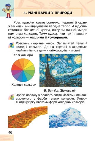 46
4. РІЗНІ БАРВИ У ПРИРОДИ
Розглядаючи жовте сонечко, червоні й оран-
жеві квіти, ми відчуваємо лагідне тепло. А від спо-
глядання блакитної криги, снігу чи синьої хмари
нам стає холодно. Тому художники так і назвали
ці кольори — теплими й холодними.
Розглянь «чарівне коло». Запам’ятай теплі й
холодні кольори. Де на картині знаходяться
«найтепліші», а де — «найхолодніші» місця?
Зроби доріжку з опалого листя мазками пензля,
змоченого у фарби теплих кольорів. Утвори
льодяну гірку мазками фарб холодних кольорів.
В. Ван Гог. Зіркова ніч
Теплі кольори
Холодні кольори
 