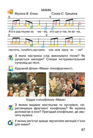 87
МАМА
Музика В. Книш Слова С. Грицюка
VV
VV
Хто є рід-нішим за ма - му, хто ще о-так, як во -на,
пестить, голубить вустами, сяє, мов зірка яс - на?
З яким настроєм слід виконувати пісню? Як
рухається мелодія? Створи інструментальний
супровід до пісні.
Художній фільм «Мама» (кінофрагмент).
Кадри з кінофільму «Мама»
З якими видами мистецтва ти зустрівся, пе-
реглянувши фрагмент кінофільму? Як музика
допомагає в кіно? Пригадай кінофільми, де зву-
чить музика.
У якому регістрі краще звучатиме мелодія п’єси
для мами?
 