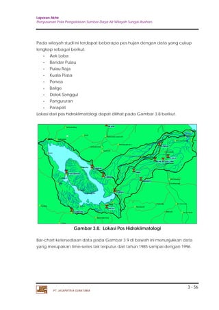 Laporan Akhir 
Penyusunan Pola Pengelolaan Sumber Daya Air Wilayah Sungai Asahan. 
Pada wilayah studi ini terdapat beberapa pos hujan dengan data yang cukup 
lengkap sebagai berikut: 
Bar-chart ketersediaan data pada Gambar 3.9 di bawah ini menunjukkan data 
yang merupakan time-series tak terputus dari tahun 1985 sampai dengan 1996. 
3 - 56 
- Aek Loba 
- Bandar Pulau 
- Pulau Raja 
- Kuala Piasa 
- Porsea 
- Balige 
- Dolok Sanggul 
- Pangururan 
- Parapat 
Lokasi dari pos hidroklimatologi dapat dilihat pada Gambar 3.8 berikut. 
Gambar 3.8. Lokasi Pos Hidroklimatologi 
PT. JASAPATRIA GUNATAMA 
 