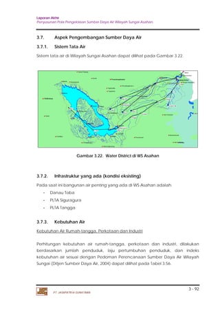 Laporan Akhir 
Penyusunan Pola Pengelolaan Sumber Daya Air Wilayah Sungai Asahan. 
Perhitungan kebutuhan air rumah-tangga, perkotaan dan industri, dilakukan 
berdasarkan jumlah penduduk, laju pertumbuhan penduduk, dan indeks 
kebutuhan air sesuai dengan Pedoman Perencanaan Sumber Daya Air Wilayah 
Sungai (Ditjen Sumber Daya Air, 2004) dapat dilihat pada Tabel 3.56. 
3 - 92 
3.7. Aspek Pengembangan Sumber Daya Air 
3.7.1. Sistem Tata Air 
Sistem tata air di Wilayah Sungai Asahan dapat dilihat pada Gambar 3.22. 
Gambar 3.22. Water District di WS Asahan 
3.7.2. Infrastruktur yang ada (kondisi eksisting) 
Pada saat ini bangunan air penting yang ada di WS Asahan adalah: 
- Danau Toba 
- PLTA Siguragura 
- PLTA Tangga 
3.7.3. Kebutuhan Air 
Kebutuhan Air Rumah-tangga, Perkotaan dan Industri 
PT. JASAPATRIA GUNATAMA 
 