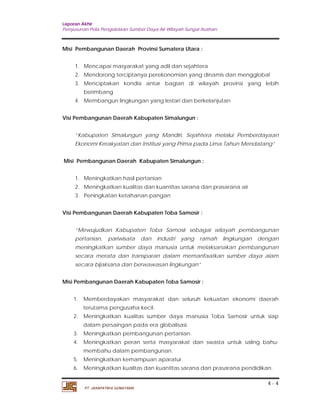Laporan Akhir 
Penyusunan Pola Pengelolaan Sumber Daya Air Wilayah Sungai Asahan. 
1. Mencapai masyarakat yang adil dan sejahtera 
2. Mendorong terciptanya perekonomian yang dinamis dan mengglobal 
3. Menciptakan kondisi antar bagian di wilayah provinsi yang lebih 
“Kabupaten Simalungun yang Mandiri, Sejahtera melalui Pemberdayaan 
Ekonomi Kerakyatan dan Institusi yang Prima pada Lima Tahun Mendatang” 
“Mewujudkan Kabupaten Toba Samosir sebagai wilayah pembangunan 
pertanian, pariwisata dan industri yang ramah lingkungan dengan 
meningkatkan sumber daya manusia untuk melaksanakan pembangunan 
secara merata dan transparan dalam memanfaatkan sumber daya alam 
secara bijaksana dan berwawasan lingkungan” 
1. Memberdayakan masyarakat dan seluruh kekuatan ekonomi daerah 
2. Meningkatkan kualitas sumber daya manusia Toba Samosir untuk siap 
3. Meningkatkan pembangunan pertanian. 
4. Meningkatkan peran serta masyarakat dan swasta untuk saling bahu-membahu 
5. Meningkatkan kemampuan aparatur. 
6. Meningkatkan kualitas dan kuantitas sarana dan prasarana pendidikan. 
4 - 4 
Misi Pembangunan Daerah Provinsi Sumatera Utara : 
berimbang 
4. Membangun lingkungan yang lestari dan berkelanjutan 
Visi Pembangunan Daerah Kabupaten Simalungun : 
Misi Pembangunan Daerah Kabupaten Simalungun : 
1. Meningkatkan hasil pertanian 
2. Meningkatkan kualitas dan kuantitas sarana dan prasarana air 
3. Peningkatan ketahanan pangan 
Visi Pembangunan Daerah Kabupaten Toba Samosir : 
Misi Pembangunan Daerah Kabupaten Toba Samosir : 
terutama pengusaha kecil. 
dalam persaingan pada era globalisasi. 
dalam pembangunan. 
PT. JASAPATRIA GUNATAMA 
 