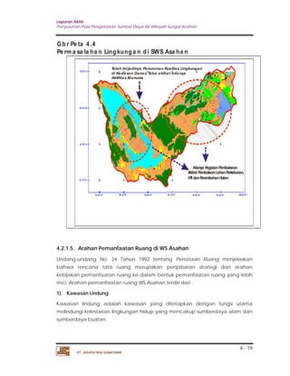 Laporan Akhir 
Penyusunan Pola Pengelolaan Sumber Daya Air Wilayah Sungai Asahan. 
4 - 19 
Telah terjadinya Penurunan Kualitas Lingkungan 
di Kawasan Danau Toba akibat adanya 
Aktifitas Manusia 
PT. JASAPATRIA GUNATAMA 
Adanya Kegiatan Pembakaran 
Akibat Pembukaan Lahan Perkebunan, 
HTI dan Perambahan Hutan 
Gbr Pe ta 4 .4 
Pe rma sa la ha n Lingkunga n d i SWS Asa ha n 
4.2.1.5. Arahan Pemanfaatan Ruang di WS Asahan 
Undang-undang No: 24 Tahun 1992 tentang Penataan Ruang menjelaskan 
bahwa rencana tata ruang merupakan penjabaran strategi dan arahan 
kebijakan pemanfaatan ruang ke dalam bentuk pemanfaatan ruang yang lebih 
rinci. Arahan pemanfaatan ruang WS Asahan terdiri dari : 
1). Kawasan Lindung 
Kawasan lindung adalah kawasan yang ditetapkan dengan fungsi utama 
melindungi kelestarian lingkungan hidup yang mencakup sumberdaya alam dan 
sumberdaya buatan. 
 