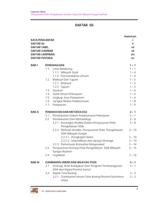 Laporan Akhir 
Penyusunan Pola Pengelolaan Sumber Daya Air Wilayah Sungai Asahan. 
ii 
PT. JASAPATRIA GUNATAMA 
DAFTAR ISI 
Halaman 
KATA PENGANTAR i 
DAFTAR ISI ii 
DAFTAR TABEL vii 
DAFTAR GAMBAR xii 
DAFTAR LAMPIRAN xiv 
DAFTAR PUSTAKA xv 
BAB-I PENDAHULUAN 1 – 1 
1.1. Latar Belakang 1 – 1 
1.1.1. Wilayah Studi 1 – 4 
1.1.2. Permasalahan Umum 1 – 4 
1.2. Maksud Dan Tujuan 1 – 5 
1.2.1. Maksud 1 – 5 
1.2.2. Tujuan 1 – 5 
1.3. Sasaran 1 – 6 
1.4. Data Umum Pekerjaan 1 – 6 
1.5. Lingkup Jasa Pelayanan 1 – 6 
1.6. Jangka Waktu Pelaksanaan 1 – 8 
1.7. Pelaporan 1 – 9 
BAB-II PENDEKATAN DAN METODOLOGI 2 – 1 
2.1. Pendekatan Dalam Pelaksanaan Pekerjaan 2 – 1 
2.2. Pendekatan Dan Metodologi 2 – 8 
2.2.1. Kerangka Analisis Dalam Penyusunan Pola 
Pengelolaan SDA 
2 – 8 
2.2.2. Metode Analisis Penyusunan Pola Pengelolaan 
SDA Wilayah Sungai 
2 – 10 
2.2.2.1. Pengkajian Data 2 – 10 
2.2.2.2. Indentifikasi dan Upaya Strategis 2 – 14 
2.2.3. Pertemuan Konsultasi Masyarakat 2 – 14 
2.3. Penyusunan Konsep Pola Pengelolaan SDA Wilayah 
Sungai Asahan 
2 – 15 
2.4. Legalisasi 2 – 16 
BAB-III GAMBARAN UMUM DAN WILAYAH STUDI 3 – 1 
3.1. Strategi, Arah Kebijakan Dan Program Pembangunan 
SDA dan Irigasi Provinsi Sumut 
3 – 1 
3.2. Aspek Tata Ruang 3 – 3 
3.2.1. Gambaran Umum Tata Ruang Provinsi Sumatera 
Utara 
3 – 3 
 