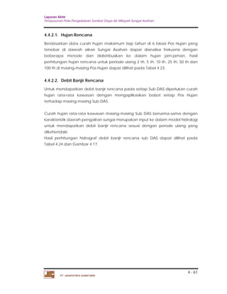 Laporan Akhir 
Penyusunan Pola Pengelolaan Sumber Daya Air Wilayah Sungai Asahan. 
4.4.2.1. Hujan Rencana 
Berdasarkan data curah hujan maksimum tiap tahun di 6 lokasi Pos Hujan yang 
tersebar di daerah aliran Sungai Asahan dapat dianalisa frekuensi dengan 
beberapa metode dan didistribusikan ke dalam hujan jam-jaman, hasil 
perhitungan hujan rencana untuk periode ulang 2 th, 5 th, 10 th, 25 th, 50 th dan 
100 th di masing-masing Pos Hujan dapat dilihat pada Tabel 4.23. 
4.4.2.2. Debit Banjir Rencana 
Untuk mendapatkan debit banjir rencana pada setiap Sub DAS diperlukan curah 
hujan rata-rata kawasan dengan mengaplikasikan bobot setiap Pos Hujan 
terhadap masing-masing Sub DAS. 
Curah hujan rata-rata kawasan masing-masing Sub DAS bersama-sama dengan 
karakteristik daerah pengaliran sungai merupakan input ke dalam model hidrologi 
untuk mendapatkan debit banjir rencana sesuai dengan perode ulang yang 
dikehendaki. 
Hasil perhitungan hidrograf debit banjir rencana sub DAS dapat dilihat pada 
Tabel 4.24 dan Gambar 4.17. 
4 - 61 
PT. JASAPATRIA GUNATAMA 
 