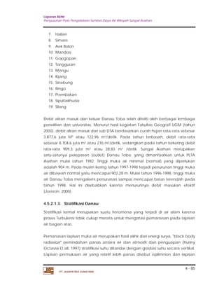 Laporan Akhir 
Penyusunan Pola Pengelolaan Sumber Daya Air Wilayah Sungai Asahan. 
Debit aliran masuk dan keluar Danau Toba telah diteliti oleh berbagai lembaga 
penelitian dan universitas. Menurut hasil kegiatan Fakultas Geografi UGM (tahun 
2000), debit aliran masuk dari sub DTA berdasarkan curah hujan rata-rata sebesar 
3.877,6 juta M3 atau 122,96 m3/detik. Pada tahun terbasah, debit rata-rata 
sebesar 8.704,6 juta m3 atau 276 m3/detik, sedangkan pada tahun terkering debit 
rata-rata 909,3 juta m3 atau 28,83 m3 /detik. Sungai Asahan merupakan 
satu-satunya pelepasan (outlet) Danau Toba. yang dimanfaatkan untuk PLTA 
Asahan mulai tahun 1982. Tinggi muka air minimal (normal) yang diperlukan 
adalah 904 m. Pada musim kering tahun 1997-1998 terjadi penurunan tinggi muka 
air dibawah normal yaitu mencapai 902,28 m. Mulai tahun 1996-1998, tinggi muka 
air Danau Toba mengalami penurunan sampai mencapai batas terendah pada 
tahun 1998. Hal ini disebabkan karena menurunnya debit masukan efektif 
(Joesron, 2000). 
4.5.2.1.3. Stratifikasi Danau 
Stratifikasi termal merupakan suatu fenomena yang terjadi di air alam karena 
proses Turbulensi tidak cukup merata untuk mengatasi pemanasan pada lapisan 
air bagian atas. 
Pemanasan lapisan muka air merupakan hasil akhir dari energi surya, "black body 
radiasion" pemindahan panas antara air dan atmosfir dan penguapan (Hurley 
Octavia Et.all, 1997) stratifikasi suhu ditandai dengan gradasi suhu secara vertikal. 
Lapisan permukaan air yang relatif lebih panas disebut epilimnion dan lapisan 
4 - 85 
7. Halian 
8. Simare 
9. Aek Bolon 
10. Mandosi 
11. Gopgopan 
12. Tongguran 
13. Mongu 
14. Kijang 
15. Sinabung 
16. Ringo 
17. Prembakan 
18. Sipultakhuda 
19. Silang 
PT. JASAPATRIA GUNATAMA 
 