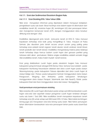 Laporan Akhir 
Penyusunan Pola Pengelolaan Sumber Daya Air Wilayah Sungai Asahan. 
4.6.1.1. Erosi dan Sedimentasi Ekosistem Bagian Hulu 
4.6.1.1.1. Erosi Eksisting DTA. Toba Tahun 2006 
Nilai erosi merupakan informasi yang diperlukan dalam menyusun kebijakan 
pengelolaan suatu sub basin. Besar kecilnya erosi dalam kajian ini ditentukan dari 
erodibilitas tanah (K), erosivitas hujan (R), kemiringan (LS) dan penutupan lahan 
dan manajemen konservasi tanah (CP), dengan menggunakan data tersebut 
dihitung erosi dengan USLE. 
Erodibilitas dipengaruhi jenis tanah. Jenis–jenis tanah di DTA D. Toba menurut 
kepakaan terhadap erosi baik yang mengelilingi D. Toba, maupun di Pulau 
Samosir, jika diurutkan jenis tanah secara umum urutan yang paling peka 
terhadap erosi adalah tanah regosol, tanah aluvial, tanah andosol, tanah litosol, 
tanah podsolik dan tanah latosol. Erodibilitas mengandung makna peka tidaknya 
tanah terhadap daya hancur butiran curah hujan dan gerusan partikel yang 
terbawa oleh aliran permukaan. Makna angka erodibilitas adalah semakin tinggi 
nilai erodibilitas tanah, maka makin mudah tanah tererosi. 
Erosi yang diakibatkan curah hujan pada ekosistem bagian hulu menurut 
kabupaten yang termasuk sebagai DTA Danau Toba berturut-turut adalah : pada 
kabupaten Humbang Hasundutan didekati dari data curah hujan pada stasiun 
Siborong-borong; pada kabupaten Tobasa diprediksi dari data curah hujan di 
stasiun Balige dan Porsea; pada kabupaten Samosir menggunakan data stasiun 
Pangururan, Mogang dan Ambarita: pada kabupaten Simalungun 
menggunakan data stasiun Parapat, Sidamanik dan Aek Nauli/Tj. Dolok; pada 
kabupaten Dairi dan Karo menggunakan data dari stasiun Situnggaling. 
Hasil penentuan erosi permukaan eksisting 
Nilai erosivitas (R) curah hujan ditentukan pada setiap sub DAS berdasarkan curah 
hujan rata-rata dari sejumlah stasiun pengamat curah hujan terdekat dengan 
suatu sub basin / Sub DAS. Nilai erodiblitas tanah merupakan kepekaan tanah 
terhadap erosi (K) untuk setiap sub DAS basin DTA. D.Toba. Nilai indeks kemiringan 
lereng juga (LS) merupakan rata-rata lereng suatu basin. Nilai faktor penutupan 
lahan ditentukan berdasarkan rata-rata penutupan lahan pada suatu basin/Sub 
DAS. 
4 - 96 
PT. JASAPATRIA GUNATAMA 
 