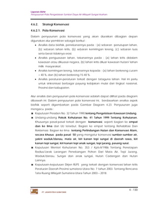 Laporan Akhir 
Penyusunan Pola Pengelolaan Sumber Daya Air Wilayah Sungai Asahan. 
4.6.2. Strategi Konservasi 
4.6.2.1. Pola Konservasi 
Dalam penyusunan pola konservasi yang akan diuraikan dibagian depan 
digunakan alur pemikiran sebagai berikut : 
 Analisis data biofisik, penekanannya pada : (a) sebaran penutupan lahan, 
(b) sebaran lahan kritis, (b) sebaran kemiringan lereng, (c) sebaran luas 
serta berat-tidaknya erosi. 
 Analisis penguasaan lahan, tekanannya pada : (a) lahan kritis didalam 
kawasan atau dikuasai negara, (b) lahan kritis diluar kawasan hutan/ lahan 
milik masyarakat. 
 Analisis kemiringan lereng, tekanannya kepada : (a) lahan berlereng curam 
> 40 %, dan (b) lahan berlereng 15-40 %. 
 Analisis peraturan-peraturan terkait dengan tataguna lahan. Hal ini perlu 
untuk sinkronisasi berbagai payung kebijakan mulai dari tingkat nasional, 
Provinsi dan kabupaten. 
Alur analisis dan penyusunan pola konservasi adalah dapat dilihat pada diagram 
dibawah ini. Dalam penyusunan pola konservasi ini, berdasarkan analisa aspek 
biofisik seperti digambarkan pada Gambar Diagram 4.23. Penyusunan juga 
mengacu pada : 
Keputusan Presiden No. 32 Tahun 1990 tentang Pengelolaan Kawasan Lindung. 
Undang-undang Pokok Kehutanan No. 41 Tahun 1999 Tentang Kehutanan, 
Khususnya pasal-pasal terkait dengan konservasi, seperti bagian ke empat 
dan ke lima dari UU tersebut. Bagian ke empat tentang Rehablitasi Dan 
Reklamasi. Bagian ke lima tentang Perlindungan Hutan dan Konservasi Alam, 
secara khusus pada pasal 50 yang mengatur konservasi sumber-sumber air, 
yakni waduk/danau, mata air, kiri kanan tepi sungai di daerah rawa, kiri 
kanan tepi sungai, kiri kanan tepi anak sungai, tepi jurang, pasang surut. 
Keputusan Menteri Kehutanan No. 353 / Kpts-II/1986 Tentang Penetapan 
Radius/Jarak Larangan Penebangan Pohon Dari Mata Air, Tepi Jurang, 
Waduk/danau, Sungai dan anak sungai, Hutan Cadangan dan Hutan 
Lainnya. 
Keputusan–keputusan Dirjen RLPS yang terkait dengan konservasi lahan kritis 
Peraturan Daerah Provinsi sumatera Utara No. 7 tahun 2003. Tentang Rencana 
Tata Ruang Wilayah Sumatera Utara Tahun 2003 – 2018. 
4 - 130 
PT. JASAPATRIA GUNATAMA 
 