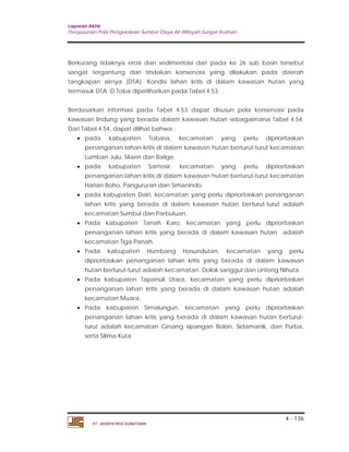 Laporan Akhir 
Penyusunan Pola Pengelolaan Sumber Daya Air Wilayah Sungai Asahan. 
Berkurang tidaknya erosi dan sedimentasi dari pada ke 26 sub basin tersebut 
sangat tergantung dari tindakan konservasi yang dilakukan pada daerah 
tangkapan airnya (DTA). Kondisi lahan kritis di dalam kawasan hutan yang 
termasuk DTA D.Toba diperlihatkan pada Tabel 4.53. 
Berdasarkan informasi pada Tabel 4.53 dapat disusun pola konservasi pada 
kawasan lindung yang berada dalam kawasan hutan sebagaimana Tabel 4.54. 
Dari Tabel 4.54, dapat dilihat bahwa : 
 pada kabupaten Tobasa, kecamatan yang perlu diprioritaskan 
penanganan lahan kritis di dalam kawasan hutan berturut-turut kecamatan 
Lumban Julu, Silaen dan Balige. 
 pada kabupaten Samosir, kecamatan yang perlu diprioritaskan 
penanganan lahan kritis di dalam kawasan hutan berturut-turut kecamatan 
Harian Boho, Pangururan dan Simanindo. 
 pada kabupaten Dairi, kecamatan yang perlu diprioritaskan penanganan 
lahan kritis yang berada di dalam kawasan hutan berturut-turut adalah 
kecamatan Sumbul dan Parbuluan. 
 Pada kabupaten Tanah Karo, kecamatan yang perlu diprioritaskan 
penanganan lahan kritis yang berada di dalam kawasan hutan adalah 
kecamatan Tiga Panah. 
 Pada kabupaten Humbang Hasundutan, kecamatan yang perlu 
diprioritaskan penanganan lahan kritis yang berada di dalam kawasan 
hutan berturut-turut adalah kecamatan Dolok sanggul dan Lintong Nihuta. 
 Pada kabupaten Tapanuli Utara, kecamatan yang perlu diprioritaskan 
penanganan lahan kritis yang berada di dalam kawasan hutan adalah 
kecamatan Muara. 
 Pada kabupaten Simalungun, kecamatan yang perlu diprioritaskan 
penanganan lahan kritis yang berada di dalam kawasan hutan berturut-turut 
adalah kecamatan Girsang sipangan Bolon, Sidamanik, dan Purba, 
4 - 136 
serta Silima Kuta. 
PT. JASAPATRIA GUNATAMA 
 