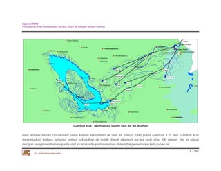 Laporan Akhir 
Penyusunan Pola Pengelolaan Sumber Daya Air Wilayah Sungai Asahan. 
4 - 165 
PT. JASAPATRIA GUNATAMA 
Gambar 4.24. Skematisasi Sistem Tata Air WS Asahan 
Hasil simulasi model DSS-Ribasim untuk kondisi kebutuhan air saat ini (tahun 2006) pada Gambar 4.25 dan Gambar 4.26 
menunjukkan bahwa ternyata semua kebutuhan air masih dapat dipenuhi secara utuh atau 100 persen. Hal ini sesuai 
dengan kenyataan bahwa pada saat ini tidak ada permasalahan dalam hal pemenuhan kebutuhan air. 
 