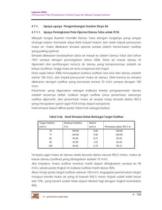 Laporan Akhir 
Penyusunan Pola Pengelolaan Sumber Daya Air Wilayah Sungai Asahan. 
4.7.1. Upaya-upaya Pengembangan Sumber Daya Air 
4.7.1.1. Upaya Peningkatan Pola Operasi Danau Toba untuk PLTA 
Wilayah Sungai Asahan memiliki Danau Toba dengan fungsinya yang sangat 
strategis dalam memasok daya listrik industri Inalum dan telah terjadi penurunan 
muka air, maka dilakukan simulasi operasi waduk dalam menentukan outflow 
yang paling optimal. 
Simulasi dilakukan berdasarkan data air masuk ke dalam danau Toba dari tahun 
1957 sampai dengan pertengahan tahun 2006. Data air masuk danau ini 
diperoleh dari perhitungan neraca air danau yang komponennya adalah air 
keluar (outflow), tinggi muka air serta evaporasi dan hujan. 
Data sejak tahun 2000 menunjukkan bahwa outflow rata-rata dari danau adalah 
sekitar 100 m3/s, dan terjadi penurunan muka air danau. Oleh karena itu simulasi 
dilakukan dengan outflow yang bervariasi antara 70 m3/s sampai dengan 100 
m3/s. 
Parameter yang digunakan sebagai indikator kinerja pengoperasian danau 
adalah besarnya defisit; realisasi target outflow (atau prosentase suksesnya 
outflow dipenuhi); dan prosentase muka air waduk tetap berada diatas 902,5 
yang merupakan syarat agar PLTA tetap dapat beroperasi. 
Hasil simulasi dapat dilihat pada Tabel 4.66 sebagai berikut. 
4 - 168 
Tabel 4.66. Hasil Simulasi Untuk Berbagai Target Outflow 
Target Outflow 
(m3/s) 
Realisasi Outflow 
(%) 
PT. JASAPATRIA GUNATAMA 
Defisit 
(m3/s) Prosentase diatas 902.5 m 
70 100.00 0.00 100.00 
75 100.00 0.00 100.00 
80 99.80 0.47 98.98 
90 96.90 1.83 96.94 
100 88.40 6.78 89.12 
Ternyata agar muka air danau selalu berada diatas elevasi 902,5 meter, maka air 
keluar danau (outflow) yang ditargetkan adalah 75 m3/s. 
Jika terpaksa, maka outflow tersebut masih dapat ditingkatkan sampai ke 90 
m3/s, sebab pada tingkat ini realisasi outflow masih diatas 90%. 
Akan tetapi pada target outflow sebesar 100 m3/s, kegagalan pemenuhan target 
maupun kondisi muka air yang di bawah 902,5 meter terjadi sudah lebih besar 
dari 10%, yang berarti sudah tidak dapat ditolerir lagi dengan tingkat keandalan 
90%. 
 