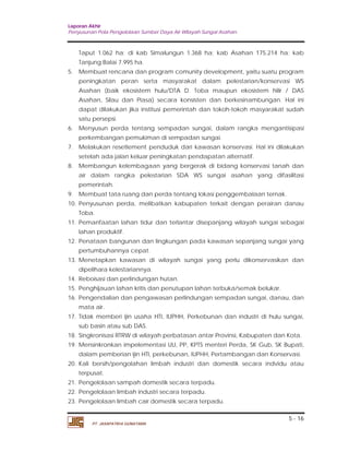 Laporan Akhir 
Penyusunan Pola Pengelolaan Sumber Daya Air Wilayah Sungai Asahan. 
Taput 1.062 ha; di kab Simalungun 1.368 ha; kab Asahan 175.214 ha; kab 
Tanjung Balai 7.995 ha. 
5. Membuat rencana dan program comunity development, yaitu suatu program 
peningkatan peran serta masyarakat dalam pelestarian/konservasi WS 
Asahan (baik ekosistem hulu/DTA D. Toba maupun ekosistem hilir / DAS 
Asahan, Silau dan Piasa) secara konsisten dan berkesinambungan. Hal ini 
dapat dilakukan jika institusi pemerintah dan tokoh-tokoh masyarakat sudah 
satu persepsi. 
6. Menyusun perda tentang sempadan sungai, dalam rangka mengantisipasi 
7. Melakukan resetlement penduduk dari kawasan konservasi. Hal ini dilakukan 
8. Membangun kelembagaan yang bergerak di bidang konservasi tanah dan 
air dalam rangka pelestarian SDA WS sungai asahan yang difasilitasi 
pemerintah. 
9. Membuat tata ruang dan perda tentang lokasi penggembalaan ternak. 
10. Penyusunan perda, melibatkan kabupaten terkait dengan perairan danau 
11. Pemanfaatan lahan tidur dan terlantar disepanjang wilayah sungai sebagai 
12. Penataan bangunan dan lingkungan pada kawasan sepanjang sungai yang 
13. Menetapkan kawasan di wilayah sungai yang perlu dikonservasikan dan 
14. Reboisasi dan perlindungan hutan. 
15. Penghijauan lahan kritis dan penutupan lahan terbuka/semak belukar. 
16. Pengendalian dan pengawasan perlindungan sempadan sungai, danau, dan 
17. Tidak memberi ijin usaha HTI, IUPHH, Perkebunan dan industri di hulu sungai, 
18. Singkronisasi RTRW di wilayah perbatasan antar Provinsi, Kabupaten dan Kota. 
19. Mensinkronkan impelementasi UU, PP, KPTS menteri Perda, SK Gub, SK Bupati, 
dalam pemberian ijin HTI, perkebunan, IUPHH, Pertambangan dan Konservasi. 
20. Kali bersih/pengolahan limbah industri dan domestik secara indvidu atau 
5 - 16 
perkembangan pemukiman di sempadan sungai. 
setelah ada jalan keluar peningkatan pendapatan alternatif. 
Toba. 
lahan produktif. 
pertumbuhannya cepat. 
dipelihara kelestariannya. 
mata air. 
sub basin atau sub DAS. 
terpusat. 
21. Pengelolaan sampah domestik secara terpadu. 
22. Pengelolaan limbah industri secara terpadu. 
23. Pengelolaan limbah cair domestik secara terpadu. 
PT. JASAPATRIA GUNATAMA 
 