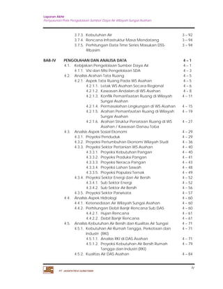 Laporan Akhir 
Penyusunan Pola Pengelolaan Sumber Daya Air Wilayah Sungai Asahan. 
3.7.3. Kebutuhan Air 3 – 92 
3.7.4. Rencana Infrastruktur Masa Mendatang 3 – 94 
3.7.5. Perhitungan Data Time Series Masukan DSS-Ribasim 
3 – 94 
BAB-IV PENGOLAHAN DAN ANALISA DATA 4 – 1 
4.1. Kebijakan Pengelolaan Sumber Daya Air 4 – 1 
4.1.1. Visi dan Misi Pengelolaan SDA 4 – 3 
4.2. Analisis Arahan Tata Ruang 4 – 5 
4.2.1. Aspek Tata Ruang Pada WS Asahan 4 – 5 
4.2.1.1. Letak WS Asahan Secara Regional 4 – 6 
4.2.1.2. Kawasan Andalan di WS Asahan 4 – 8 
4.2.1.3. Konflik Pemanfaatan Ruang di Wilayah 
iv 
PT. JASAPATRIA GUNATAMA 
Sungai Asahan 
4 – 11 
4.2.1.4. Permasalahan Lingkungan di WS Asahan 4 – 15 
4.2.1.5. Arahan Pemanfaatan Ruang di Wilayah 
Sungai Asahan 
4 – 19 
4.2.1.6. Arahan Struktur Penataan Ruang di WS 
Asahan / Kawasan Danau Toba 
4 – 27 
4.3. Analisis Aspek Sosial Ekonomi 4 – 29 
4.3.1. Proyeksi Penduduk 4 – 29 
4.3.2. Proyeksi Pertumbuhan Ekonomi Wilayah Studi 4 – 36 
4.3.3. Proyeksi Sektor Pertanian WS Asahan 4 – 40 
4.3.3.1. Proyeksi Kebutuhan Pangan 4 – 40 
4.3.3.2. Proyeksi Produksi Pangan 4 – 41 
4.3.3.3. Proyeksi Neraca Pangan 4 – 43 
4.3.3.4. Proyeksi Lahan Sawah 4 – 48 
4.3.3.5. Proyeksi Populasi Ternak 4 – 49 
4.3.4. Proyeksi Sektor Energi dan Air Bersih 4 – 52 
4.3.4.1. Sub Sektor Energi 4 – 52 
4.3.4.2. Sub Sektor Air Bersih 4 – 56 
4.3.5. Proyeksi Sektor Parwisata 4 – 57 
4.4. Analisis Aspek Hidrologi 4 – 60 
4.4.1. Ketersediaan Air Wilayah Sungai Asahan 4 – 60 
4.4.2. Perhitungan Debit Banjir Rencana Sub DAS 4 – 60 
4.4.2.1. Hujan Rencana 4 – 61 
4.4.2.2. Debit Banjir Rencana 4 – 61 
4.5. Analisis Kebutuhan Air Bersih dan Kualitas Air Sungai 4 – 71 
4.5.1. Kebutuhan Air Rumah Tangga, Perkotaan dan 
Industri (RKI) 
4 – 71 
4.5.1.1. Analisis RKI di DAS Asahan 4 – 71 
4.5.1.2. Proyeksi Kebutuhan Air Bersih Rumah 
Tangga dan Industri (RKI) 
4 – 79 
4.5.2. Kualitas Air DAS Asahan 4 – 84 
 