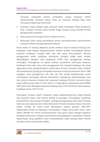 Laporan Akhir 
Penyusunan Pola Pengelolaan Sumber Daya Air Wilayah Sungai Asahan. 
Termasuk sempadan pantai, sempadan sungai, kawasan sekitar 
danau/waduk, kawasan sekitar mata air, kawasan terbuka hijau kota 
termasuk di dalamnya hutan kota. 
5. Kawasan cagar budaya yaitu kawasan yang merupakan lokasi bangunan 
hasil budaya manusia yang bernilai tinggi maupun yang memiliki bentuk 
geologi alami yang khas. 
6. Pulau-pulau kecil dengan luasan maksimal 10 km2 
7. Beberapa lokasi yang berdasarkan proses pemaduserasian pemanfaatan 
3 - 12 
ruang di arahkan sebagai Kawasan lindung. 
PT. JASAPATRIA GUNATAMA 
. 
Pada waktu ini sedang dilakukan proses verifikasi luasan kawasan lindung dan 
budidaya untuk lingkup kabupaten/kota. Kondisi terakhir menunjukkan bahwa 
kawasan budidaya menjadi lebih luas dari yang direncanakan, dimana 
penggunaan sektor budidaya kehutanan menjadi sedikit lebih rendah 
dibandingkan dengan hasil paduserasi (1997) dan penggunaan lainnya 
meningkat. Peningkatan ini terjadi adanya perubahan beberapa kawasan 
budidaya hutan dan atau areal penggunaan lain menjadi budidaya lain yang 
digunakan untuk pengembangan pantai Barat Provinsi Sumatera Utara (industri 
dan perkebunan) yang juga merupakan kawasan menurut paduserasi tahun 1980 
sebagian areal penggunaan lain dan eks HPH (untuk pelepasannya masih 
memerlukan penetapan Menteri Kehutanan). Selanjutnya perkembangan luas 
dan potensi kawasan lindung dan kawasan budidaya Provinsi Sumatera Utara 
dapat dilihat pada Tabel 3.2 dan Tabel 3.3. Sedangkan berdasarkan peta RTRWP 
2003-2018 telah ditetapkan kawasan lindung seluas 2.076.287,00 Ha dan kawasan 
budidaya seluas 5.091.513 Ha. 
Penetapan tersebut belum menjamin dapat dipertahankannya fungsi lindung 
dari kawasan hutan, oleh karena kondisi di lapangan menunjukkan terjadinya 
perambahan hutan yang meningkat, sehingga pengurangan luas hutan menjadi 
lebih luas dari yang tercatat. Dinas Kehutanan Provinsi Sumatera Utara mencatat 
sekitar 125.000 Ha hutan telah dimutasikan selama periode 1982-1997. 
Diperkirakan kondisi di lapangan menunjukkan angka yang lebih besar, yaitu 
sekitar 400.000 Ha. Proses pemaduserasian tata guna hutan dengan kegiatan 
budidaya skala besar maupun perambahan yang dilakukan masyarakat menjadi 
kepentingan yang signifikan untuk memperkirakan daya dukung lahan Provinsi 
Sumatera Utara secara lebih realistis. 
 