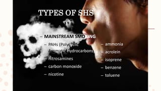 TYPES OF SHS
– MAINSTREAM SMOKING
– PAHs (Polycyclic
Aromatic Hydrocarbons)
– nitrosamines
– carbon monoxide
– nicotine
– ammonia
– acrolein
– isoprene
– benzene
– toluene
 