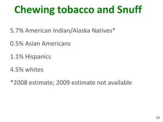 13
Chewing tobacco and Snuff
5.7% American Indian/Alaska Natives*
0.5% Asian Americans
1.1% Hispanics
4.5% whites
*2008 estimate; 2009 estimate not available
 