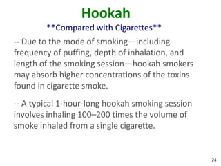 24
Hookah
**Compared with Cigarettes**
-- Due to the mode of smoking—including
frequency of puffing, depth of inhalation, and
length of the smoking session—hookah smokers
may absorb higher concentrations of the toxins
found in cigarette smoke.
-- A typical 1-hour-long hookah smoking session
involves inhaling 100–200 times the volume of
smoke inhaled from a single cigarette.
 
