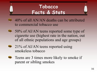 Tobacco
Facts & Stats
40% of all AN/AN deaths can be attributed
to commercial tobacco use
50% of AI/AN teens reported some type of
cigarette use (highest rate in the nation, out
of all ethnic populations and age groups)
21% of AI/AN teens reported using
smokeless tobacco
Teens are 3 times more likely to smoke if
parent or sibling smokes
16
 
