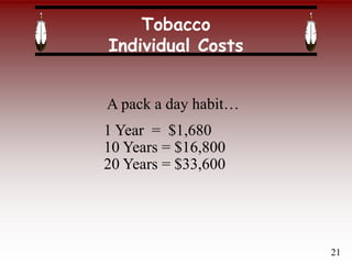 Tobacco
Individual Costs
A pack a day habit…
1 Year = $1,680
10 Years = $16,800
20 Years = $33,600
21
 