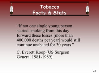 Tobacco
Facts & Stats
“If not one single young person
started smoking from this day
forward these losses [more than
400,000 deaths per year] would still
continue unabated for 30 years.”
C. Everett Koop (US Surgeon
General 1981-1989)
22
 