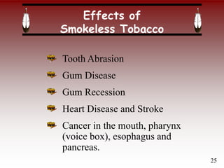 Effects of
Smokeless Tobacco
Tooth Abrasion
Gum Disease
Gum Recession
Heart Disease and Stroke
Cancer in the mouth, pharynx
(voice box), esophagus and
pancreas.
25
 