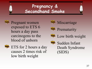 Pregnancy &
Secondhand Smoke
Pregnant women
exposed to ETS 6
hours a day pass
carcinogens to the
blood of unborn
ETS for 2 hours a day
causes 2 times risk of
low birth weight
Miscarriage
Prematurity
Low birth weight
Sudden Infant
Death Syndrome
(SIDS)
37
 