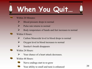 When You Quit…
Within 20 Minutes:
 Blood pressure drops to normal
 Pulse rate returns to normal
 Body temperature of hands and feet increases to normal
Within 8 Hours:
 Carbon Monoxide level in blood drops to normal
 Oxygen level in blood increases to normal
 Smoker's breath disappears
Within 24 Hours:
 Your chance of a heart attack decreases.
Within 48 Hours:
Nerve endings start to re-grow
Your ability to smell and taste is enhanced 39
 